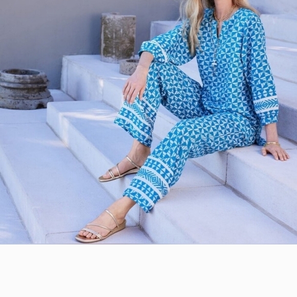 Soft Surroundings Pants - Soft Surroundings Narah Wide Leg Palazzo Pant Blue & White Geometric Print 1X